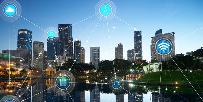 Illustration of a connected city with network icons symbolizing smart fiber network planning in the MENA region.
